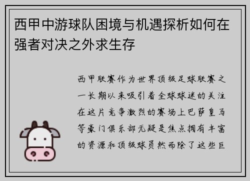 西甲中游球队困境与机遇探析如何在强者对决之外求生存