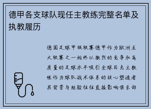 德甲各支球队现任主教练完整名单及执教履历